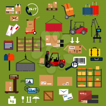 Storage, delivery and logistics icons with packages, containers, cargo crane, forklift and hand trucks with boxes and suitcases, warehouse shelf, scale, parcels, letters, postage and mail box
