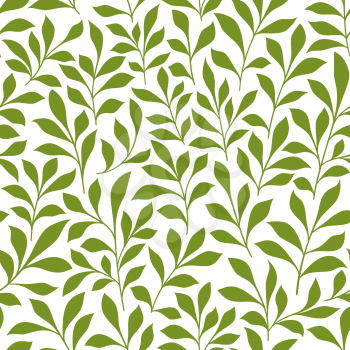 Spring leaves seamless pattern of green twigs with leaves over white background. Retro wallpaper, background, fabric and interior design usage