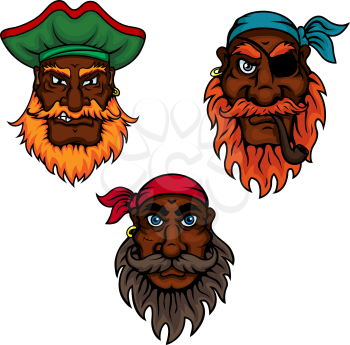 Cartoon dark skinned bearded pirates captain and sailors with eye patch, smoking pipe, earrings, bandannas and hat. Children book, piracy or adventure themes usage