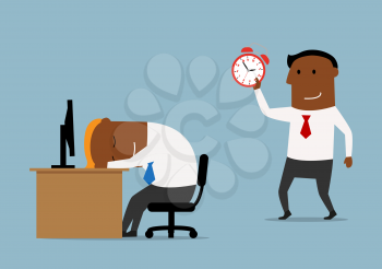 Tired cartoon businessman sleeping at workplace and his colleague trying to wake him up with alarm clock. Overworking, stress, friendly joke theme design
