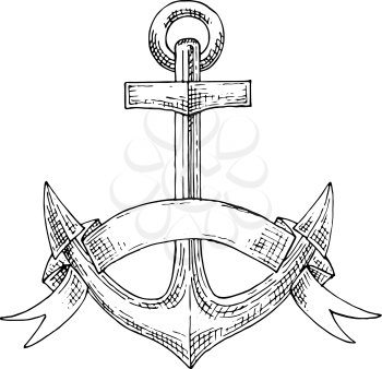 Nautical emblem with sketch of admiralty anchor, adorned by elegant ribbon that wrapped around flukes.  Addition to marine, travel, adventure or heraldry design. Sketch vector