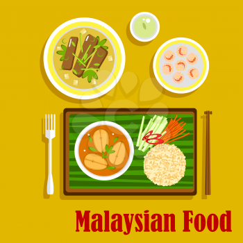 Malaysian cuisine dinner flat icons with nasi lemak rice with cucumber, carrot and pepper sticks and fish curry, served on banana leaf, beef rendang, shrimp with sesame and green tea. Flat vector