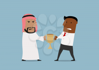 Angry cartoon arabian and african american business competitors fighting for golden trophy. Business competition or confrontation, struggle for leadership theme design