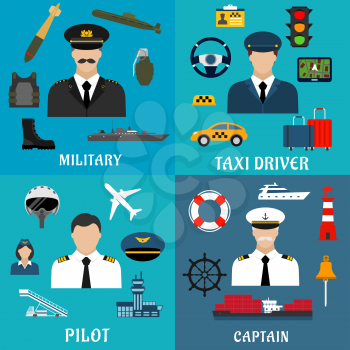 Military, sea captain, pilot and taxi driver flat icons with transportation, equipment, services and armed forces professions symbols 