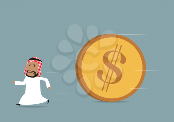 Financial crisis, debt or bankruptcy concept. Cartoon arabian businessman running away from huge rolling dollar coin
