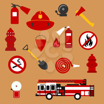 Fire safety and protection background with flat icons of fire truck, extinguishers, hose, fire flame, hydrants, protective helmet, fire alarms, axe, shovel, conical bucket, no fire and smoking signs