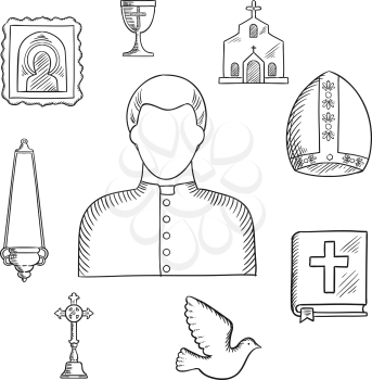 Priest profession with sketches of mature man, surrounded by the Bible, cross, bowl and candelabra, icon and church or temple, mitre and dove bird