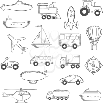 Transportation icons set with silhouettes of cars, train and trucks, ship, airplane, motorcycle, sailboat or compass, tractor, helicopter, rocket and submarine, hot air balloon and airship. Vector