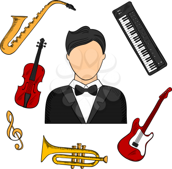 Musician profession and musical instruments colorful icons of man in tailcoat surrounded by electric guitar, trumpet, violin, saxophone, treble clef and synthesizer. Vector color sketched icons