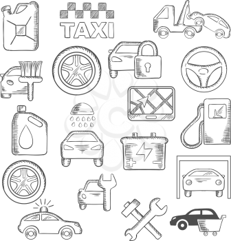 Car, mechanic and service icons with sale, towing and paint, washing and repair, tire service, taxi, fuel jerrycan and gas station, wheel and navigation, battery, traffic police and security system
