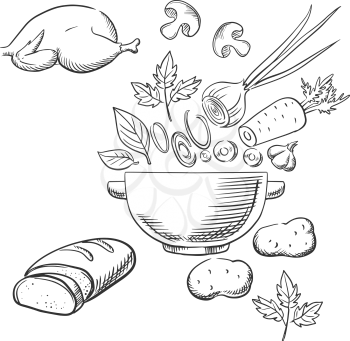 Cooking salad process with a roast chicken, bread, fresh carrot, onion and mushrooms being sliced into a dish. Vector sketch