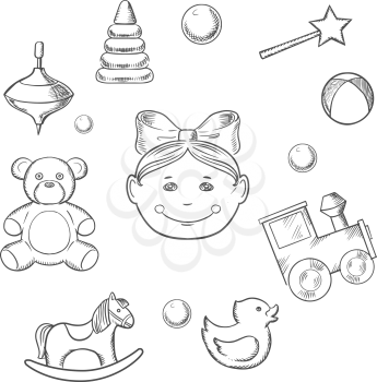 Childish icons with silhouette of a small girl head with a bow surrounded by her toys as bear, horse, duck, rattle, train, ball, pyramid and whirligig