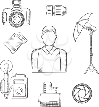 Photographer profession icons in sketch style with elegant man and memory card, camera film roll, lens, shutter, digital and retro cameras, lighting umbrella on tripod. Vector sketched icons