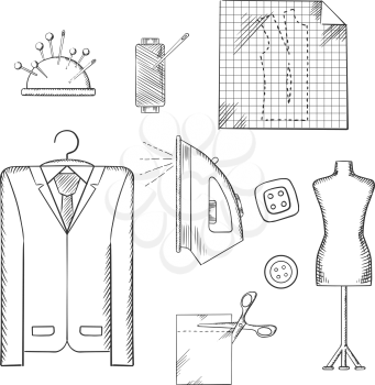Tailor tools and accessories sketched icons set with man costume on a hanger, mannequin, cloth and scissors, iron and thread spool, needles and buttons. Sketch vector