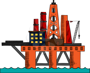 Colorful sketch of sea oil platform rising above the sea drilling for offshore oil. Industrial design