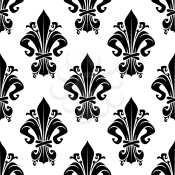 Black and white vintage floral seamless pattern with dainty heraldic royal fleur-de-lis elements