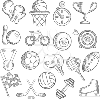 Sport and fitness sketch icons with sport volleyball, football, rugby, basketball billiards, bowling balls and items, trophy cup, bicycle, racing and ice skate, boxing, stopwatch, dumbbell and medal