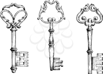 Vector sketches of old medieval key skeletons, isolated on white. For medieval history, tattoo or embellishment design