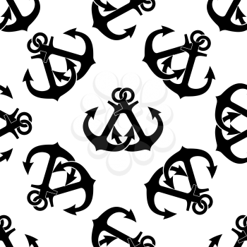 Crossed ship anchors seamless pattern with two old black anchors on white background