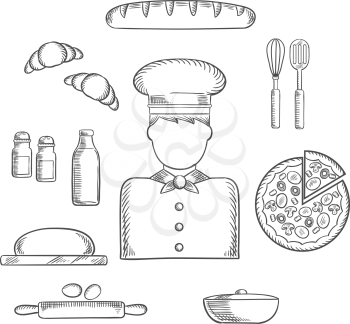 Baker profession sketch icons with chef in toque, pizza, baguette and croissant, milk and eggs, dough and chopping board, cutlery and salt, pepper and pot. Vector sketch