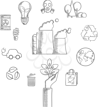 Environment and ecological conservation sketched icons with recycling symbol, electric cars,  leaves, eco-friendly energy with a radiation symbol, gas mask and industrial chimney. Vector sketch style
