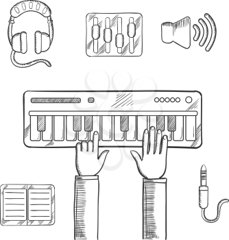 Sound recording and music icons sketch with person playing an electronic keyboard, earphones, volume sliders, megaphone, tablet or MP3 player and a sound jack or plug. Vector sketch