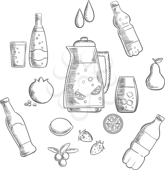 Beverages and drinks sketches composition with juice and beer, tea and soda, cocktail and mineral water. Vector sketch