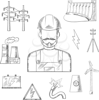 Electricity and power industry icons sketches with electric stations of heat, hydro and wind energy, nuclear power plant, power lines and pylon, battery and warning sign with electrician in a helmet