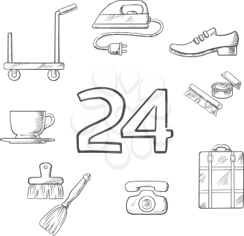 Hotel and room service sketched icons with tea cup, iron, shoe cleaning and breakfast, timer, baggage and room cleaning. Vector sketch