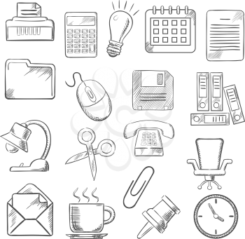 Business and office sketch icons with light bulb, phone, calendar calculator and mouse,  mail and folders, documents and clock, coffee and chair, shredder and scissors, lamp and pin. Vector sketch