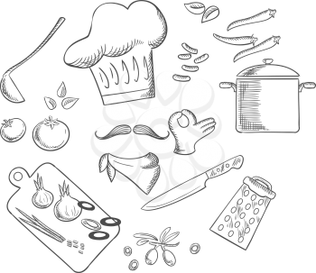Chef preparing vegetarian salad with tomato, onion and pepper, carrot and olives vegetables. Vector sketch illustration