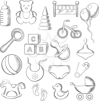 Baby, childish and childhood sketched icons with toys and diaper, bottle and pacifier, rattle and stroller, cubes and ball, bed and bib, bicycle and rocking horse. Vector sketch illustration