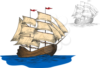Old sailing ship among blue ocean waves, second variant in gray colors. Marine travel or ocean cruise design. Vector sketch