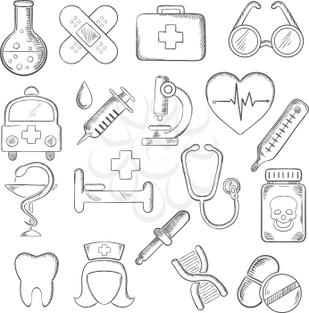 Medical and healthcare icons sketches with hospital and pharmacy signs, nurse, ambulance, first aid box, pills and syringe, stethoscope, heart ecg, tooth and glasses, dna and microscope. Vector 
