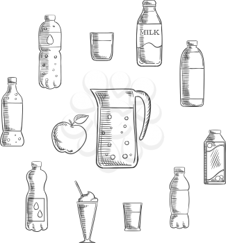 Non alcoholic drinks and beverages sketches set pitcher and fresh apple encircled by bottles of water, milk, juice, cola, lemonade and glasses with cocktails. Vector sketch illustration