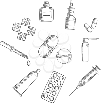 Medication icons with drugs icons as capsules, blister of pills, nose and throat sprays, syringe, drops bottle and dropper, sticking plaster and ointment tube. Vector sketch illustration