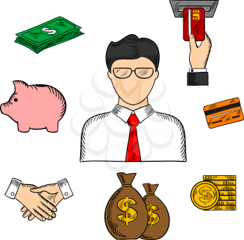 Banker profession color sketched icons with businessman and financial objects such as money bags, credit card, business handshake, piggy bank, ATM, dollar coins and bills. Vector color sketch