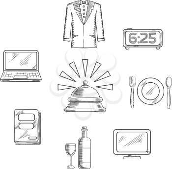Luxury five stars hotel service symbols with reception bell and high quality room service icons. sketch style
