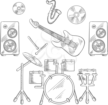 Musical band instruments with drum set, electric guitar, drum sticks, saxophone, disks and speakers. Vector sketch illustration