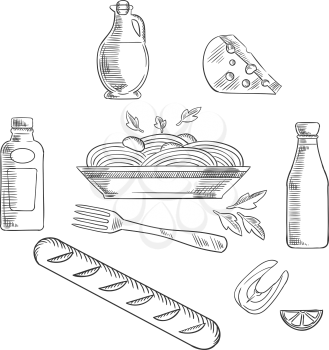 Italian pasta and food elements with traditional italian spaghetti, sauce and basil encircled by bottles of olive oil, tomato and mustard sauce, fork, cheese, ciabatta bread and salmon fish with lemon