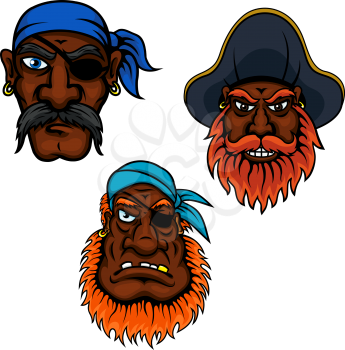 Sailor and captain pirates heads. Danger corsairs, buccaneers and filibusters in hats and bandanna