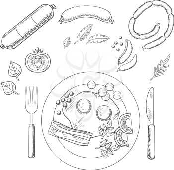 Sketch of breakfast with fried eggs and bacon served on a plate with cutlery surrounded by groceries and sausage