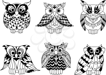 Cartoon outline owl birds set. Colorless horned owls characters isolated on white