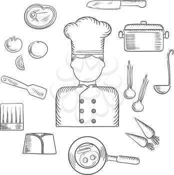 Chef profession sketched icons with cook in uniform surrounded by fresh tomato, onion and carrot, pan with eggs and bacon, knife, saucepan with ladle, meat steak, chef hats and spatula. Vector sketch