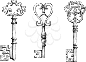Sketch of medieval skeleton keys, adorned by victorian fleur-de-lis forged ornaments on bows. May be used as tattoo, t-shirt print or embellishment design