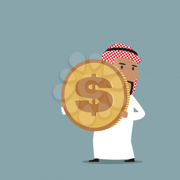 Cartoon arabian businessman in white national garment carrying a big golden dollar coin. Wealth, richness and finance success concept