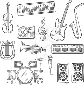 Musical instruments and equipments sketch icons of electric guitar, microphone and saxophone, trumpet, drum set, record player and synthesizers, lyre and violin, loudspeakers and treble clef 