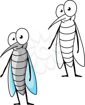 Friendly cartoon gray mosquito standing with folded blue transparent wings. Funny insect character for children book or mascot design