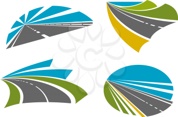 Colorful speedy highway roads and pathway symbols for traveling or transportation design with asphalt road, bright blue sky, mountains, yellow sand and green grassy roadsides, blue lake on the horizon