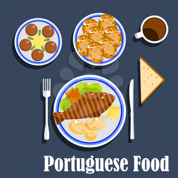 Portuguese national cuisine flat icons of cod fish served with boiled potatoes, lemon, carrot sticks on lettuce leaf, salted codfish fritters, egg custard tarts and cup of coffee